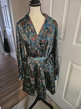 Macy's Teal Floral Long-Sleeve Wrap Dress